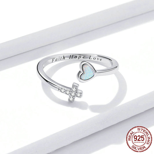 Faith, Hope, & Love Cross Engraved Ring, Opal Heart in Sterling Silver - Anthology Creations